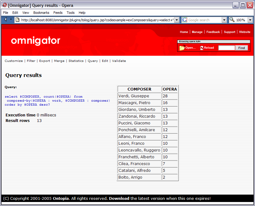 Results of the sample tolog query