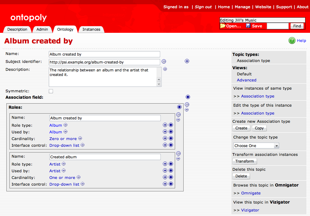 Association Type Configuration Page - default properties